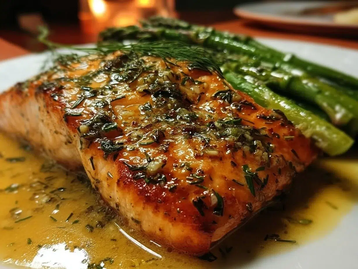 Delicious creamy salmon dish garnished with herbs