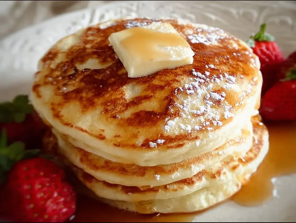 Stack of easy fluffy pancakes served with syrup and fresh berries