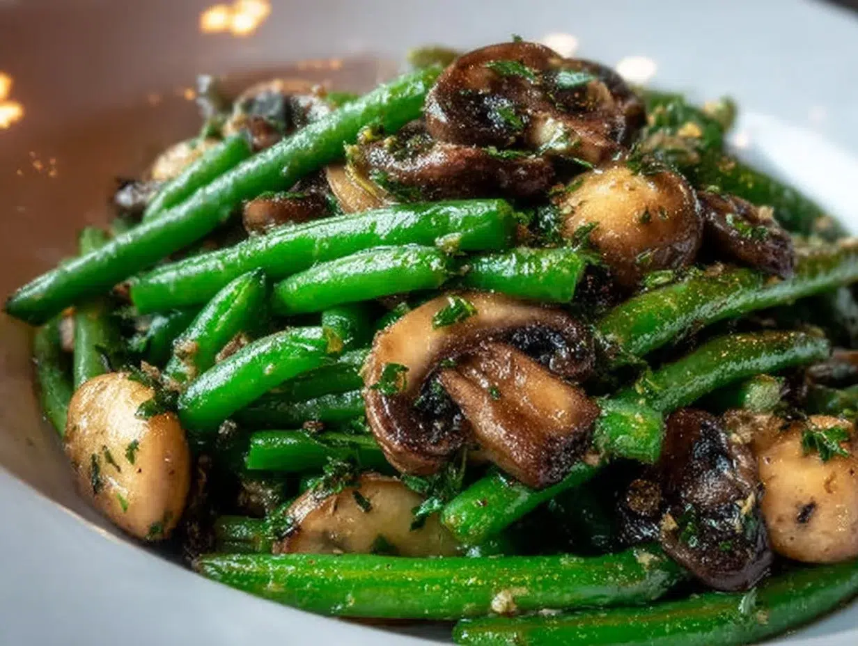 Stir-fried easy green beans with mushrooms in a skillet