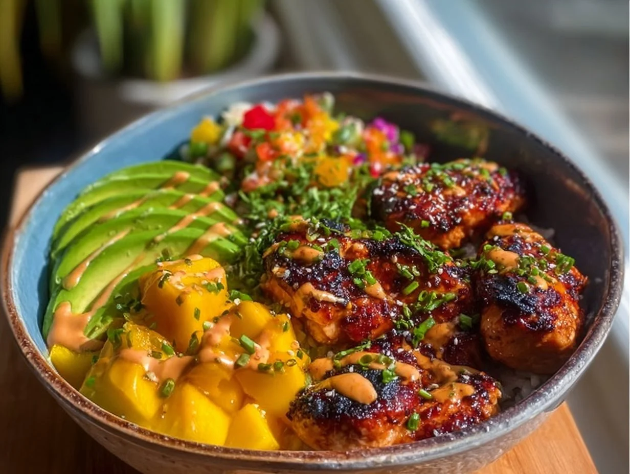 Easy grilled chicken bowl with chili mayo and mango salsa on a plate