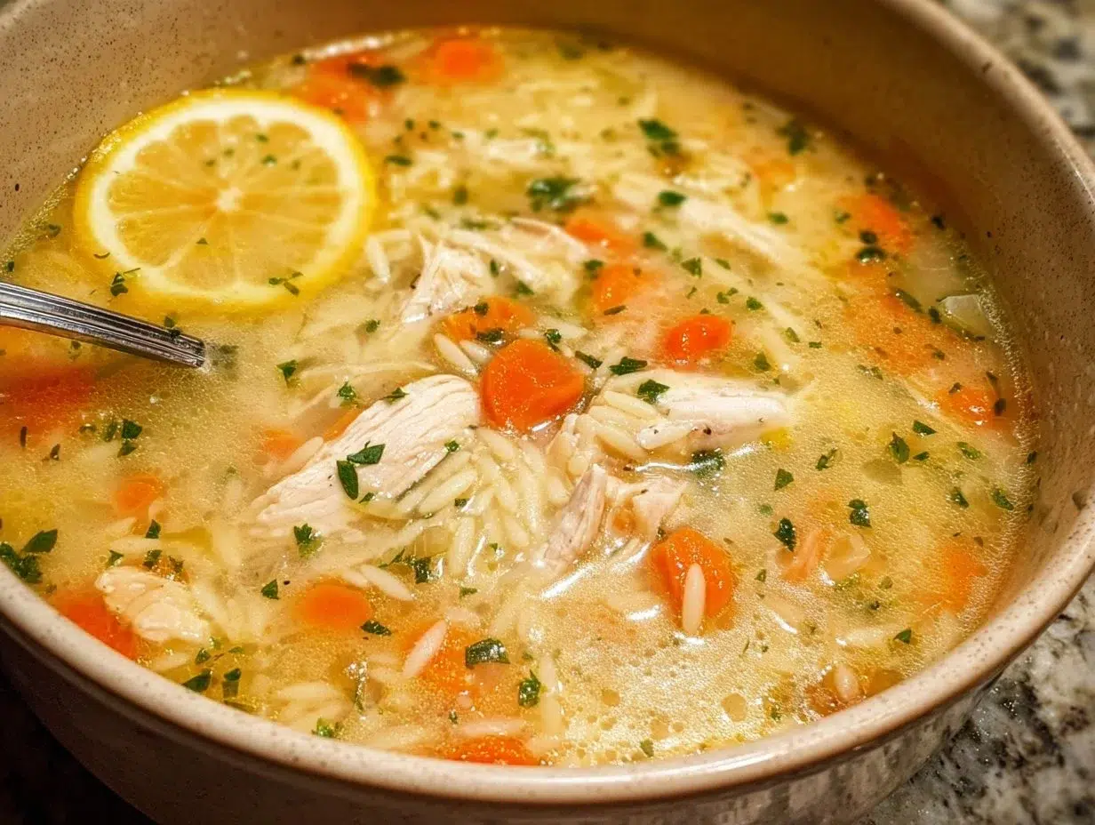 Bowl of easy lemon chicken orzo soup garnished with herbs and lemon slices