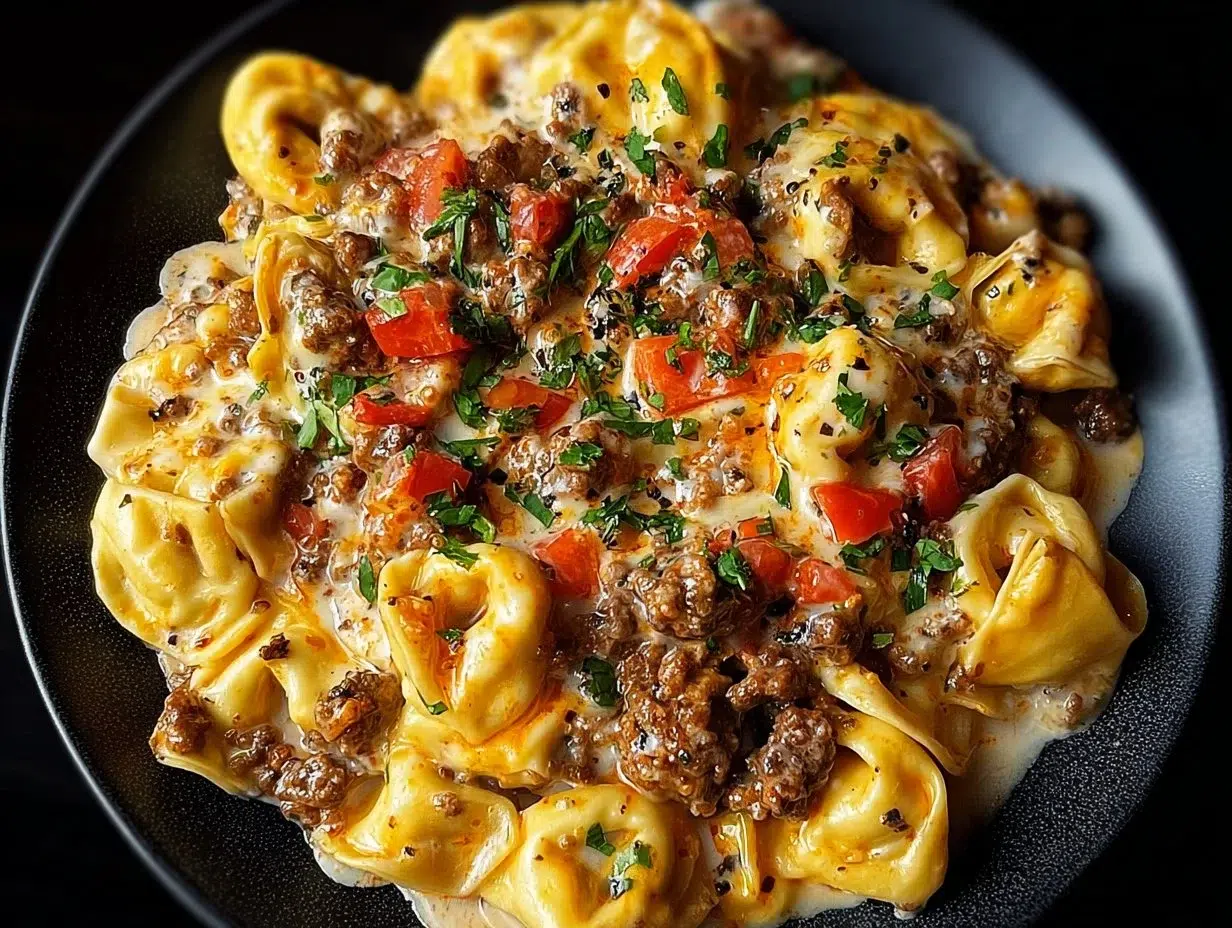 Easy Loaded Cajun Alfredo Tortellini Skillet dish garnished with herbs.
