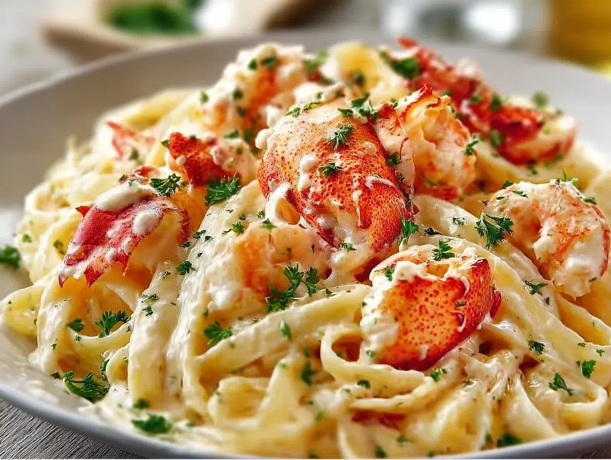 Delicious Lobster Alfredo Pasta served with a creamy sauce and fresh herbs