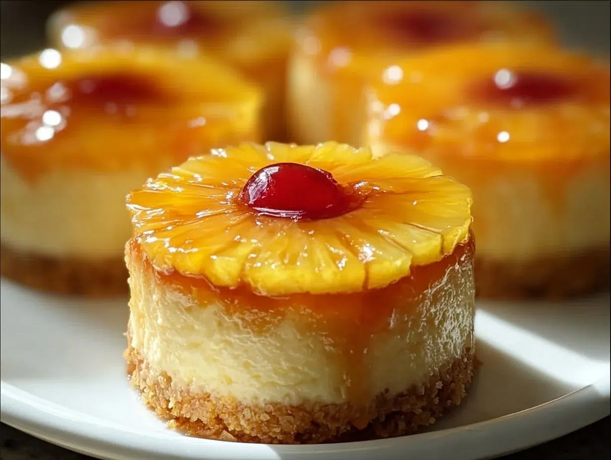 Easy mini pineapple upside-down cheesecakes topped with pineapple and cherries