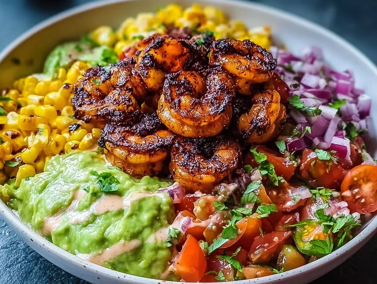 Easy shrimp bowl with creamy garlic and corn salsa served in a vibrant dish.