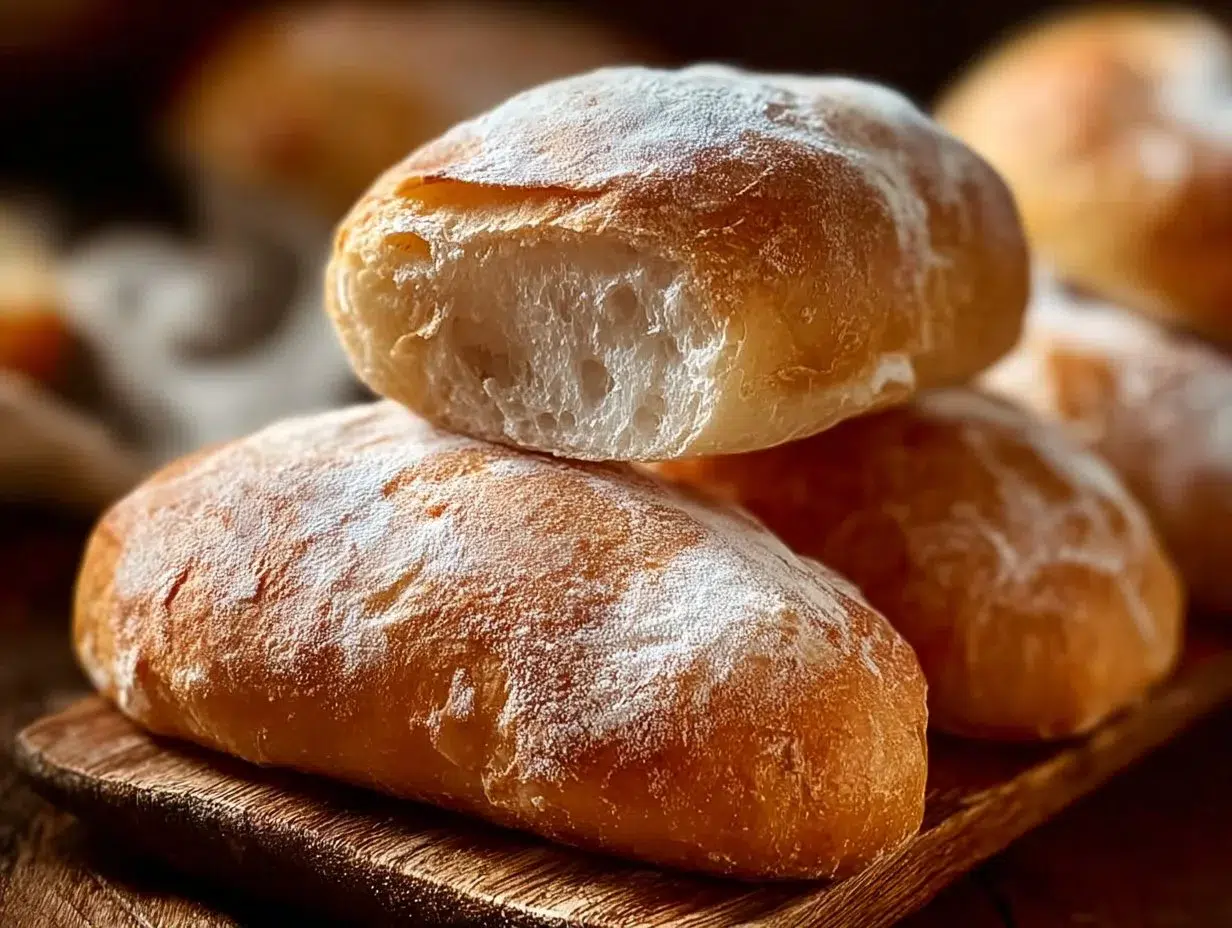 Freshly baked ciabatta rolls on a rustic wooden board