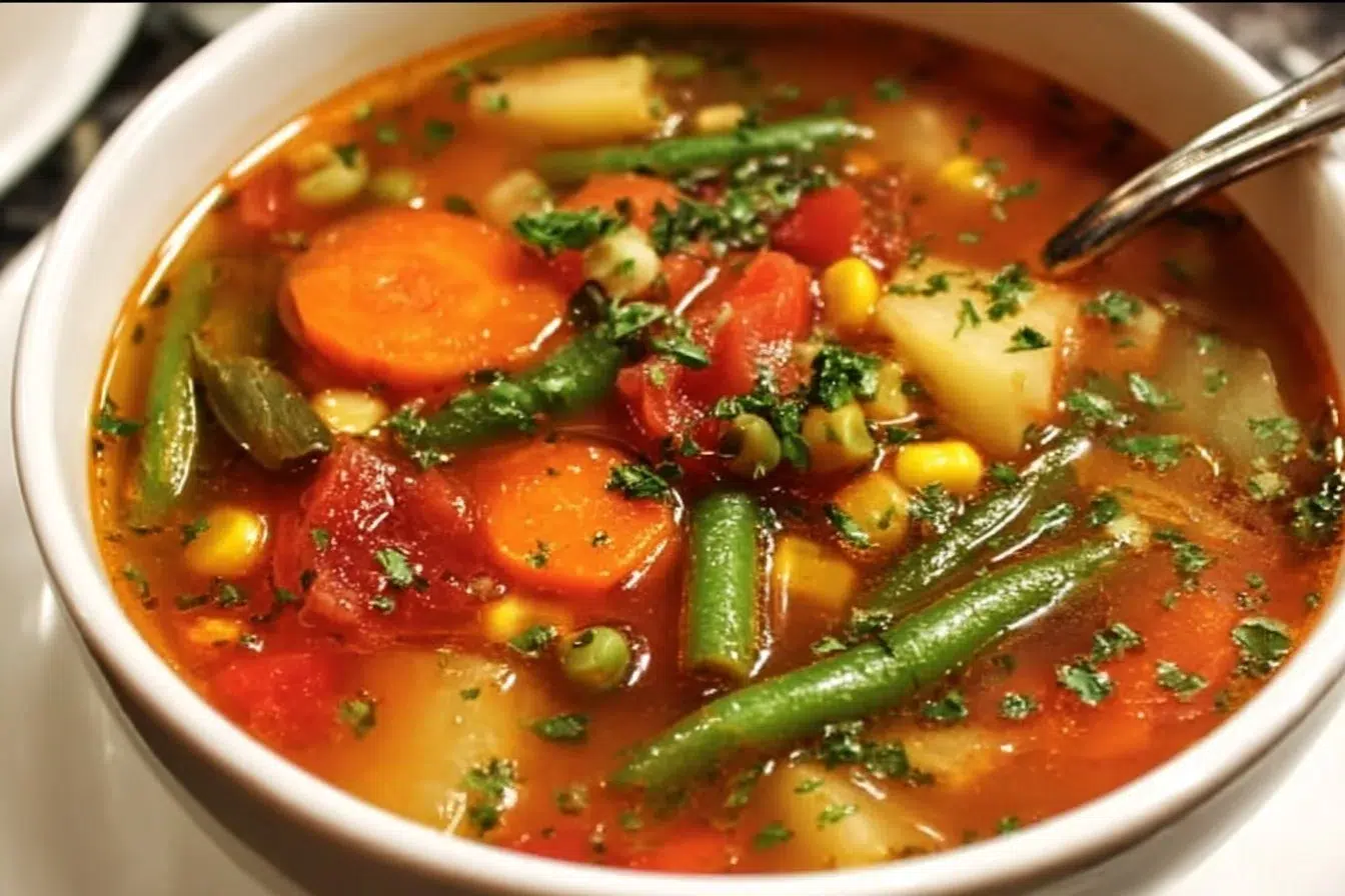 Bowl of easy vegetable soup with colorful vegetables and herbs