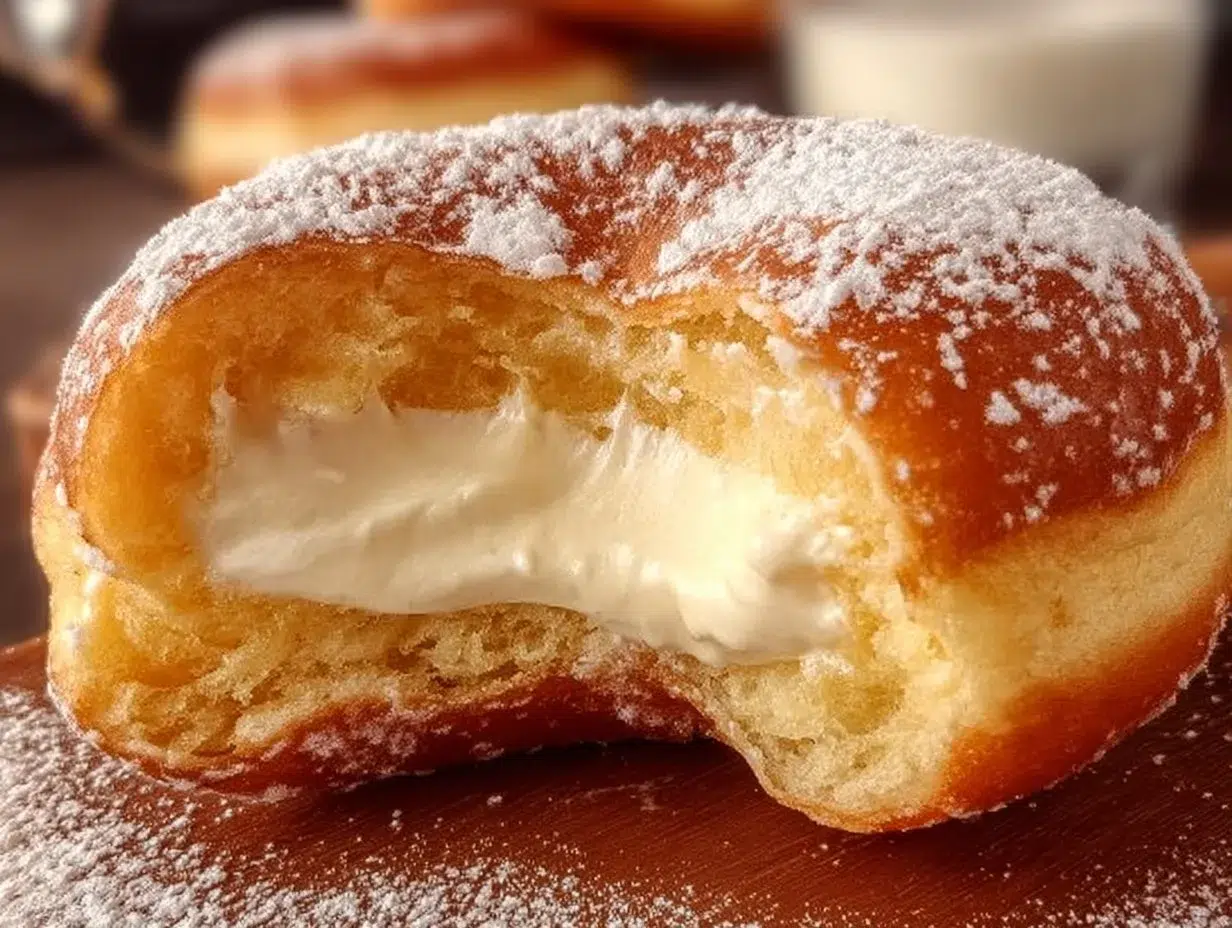 Fluffy Korean milk cream donuts topped with powdered sugar and cream filling.