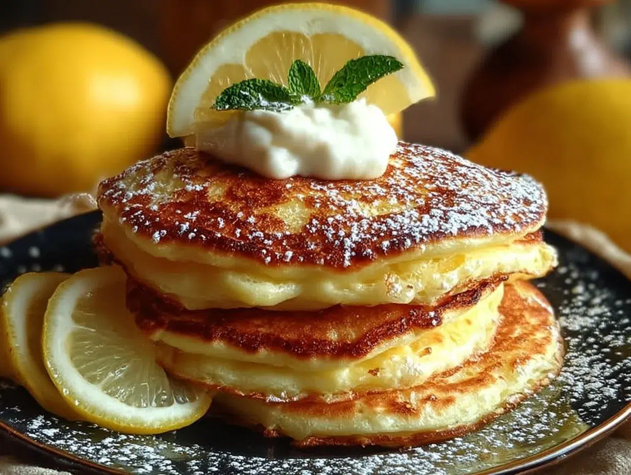 Fluffy lemon ricotta pancakes topped with fresh fruit and syrup.