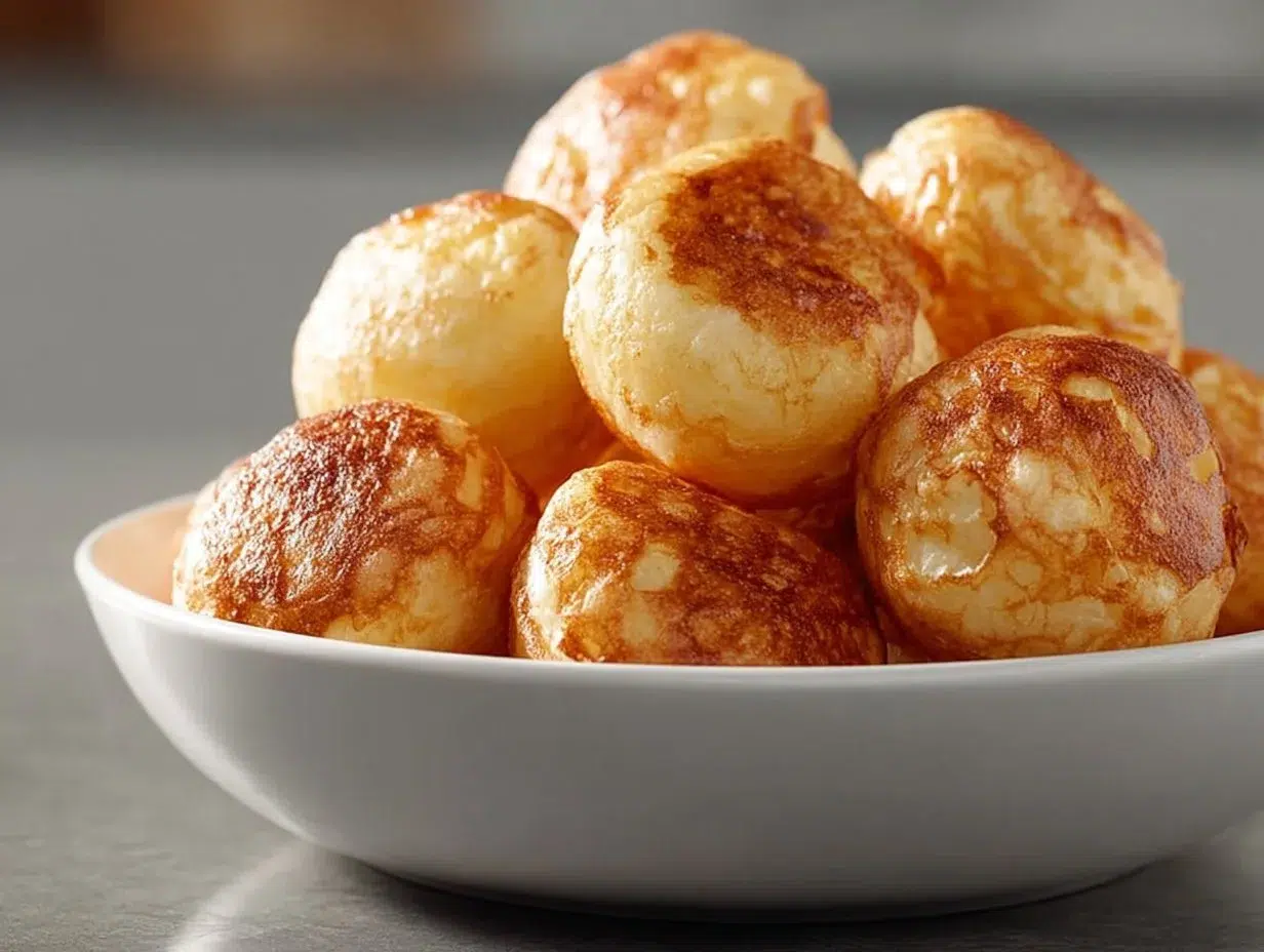 Fluffy pancake poppers served on a plate, ideal for kids breakfast and brunch