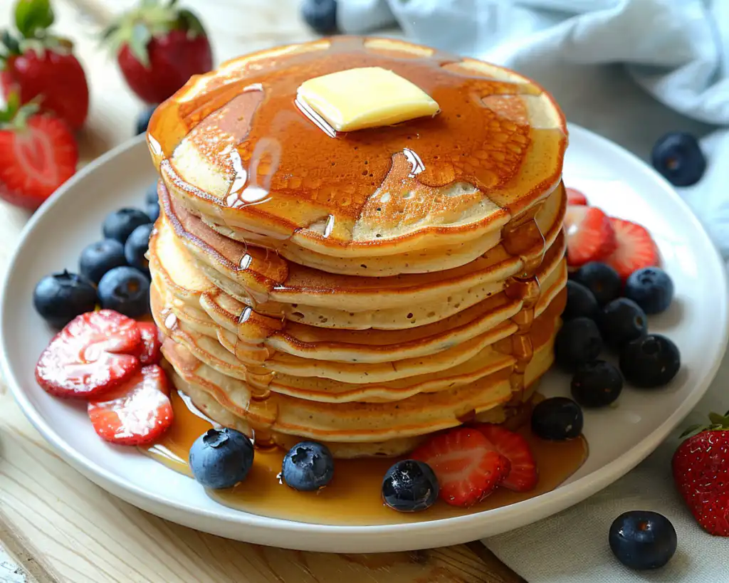 The Best Easy Fluffy Pancakes You’ll Ever Make 6 Tall stack of fluffy pancakes topped with melting butter and maple syrup, served with blueberries and sliced strawberries.