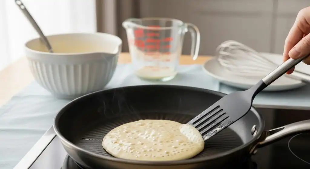 The Best Easy Fluffy Pancakes You’ll Ever Make 5 Fluffy pancake batter cooking in a nonstick skillet with bubbles forming and a spatula ready to flip, soft natural light.