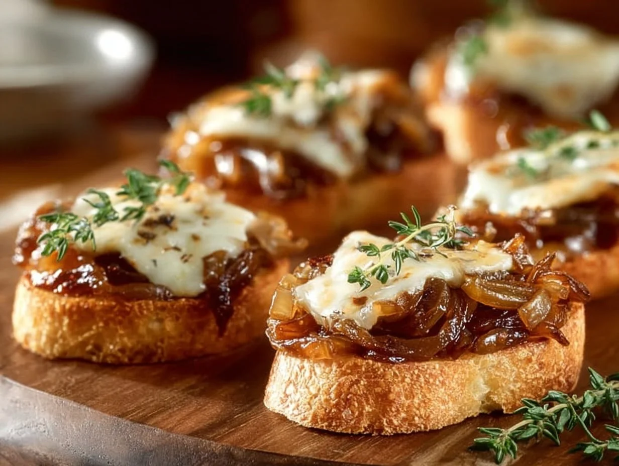 Every Meal, Made Irresistible 6 Delicious French Onion Bruschetta topped with melted cheese and herbs