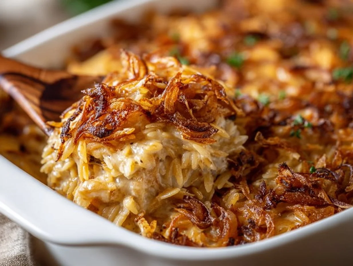 French onion chicken orzo casserole served in a baking dish