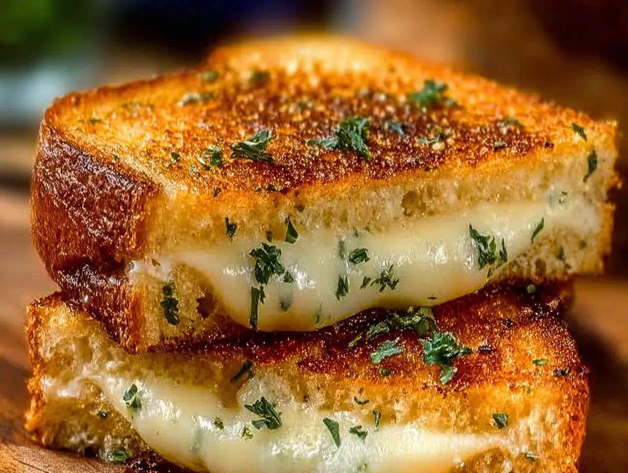 Delicious Garlic Bread Grilled Cheese sandwich with melted cheese and crispy garlic bread