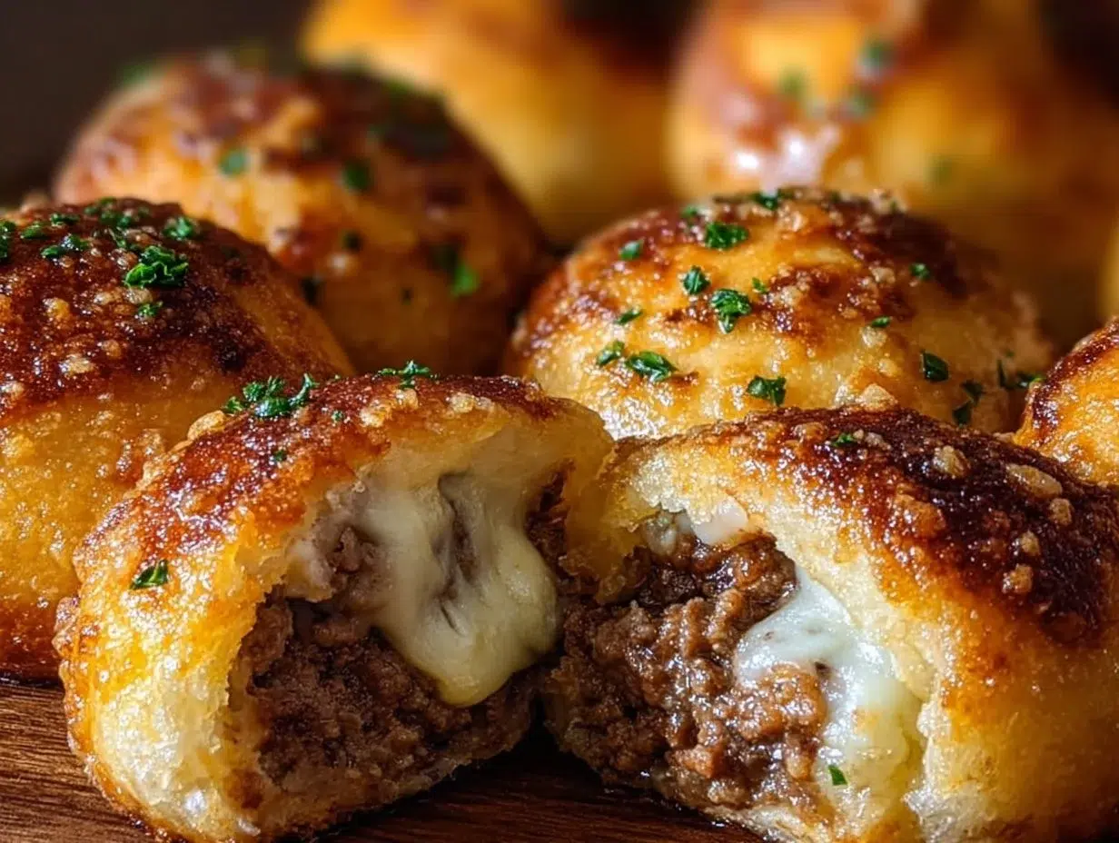 Garlic Parmesan cheeseburger bombs with melted cheese and golden crust