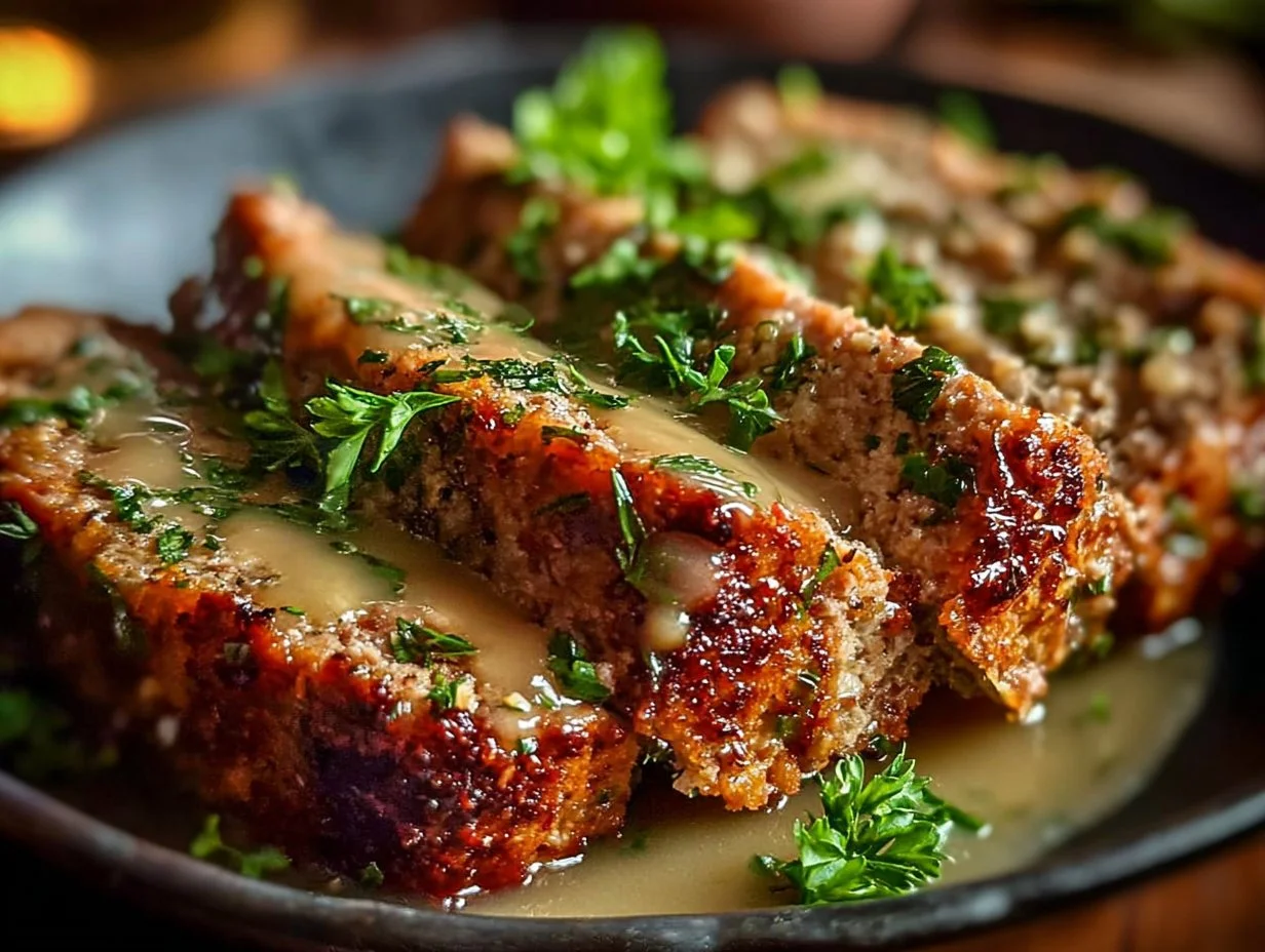 Every Meal, Made Irresistible 10 Garlic Parmesan Chicken Meatloaf served with herbs on a rustic plate