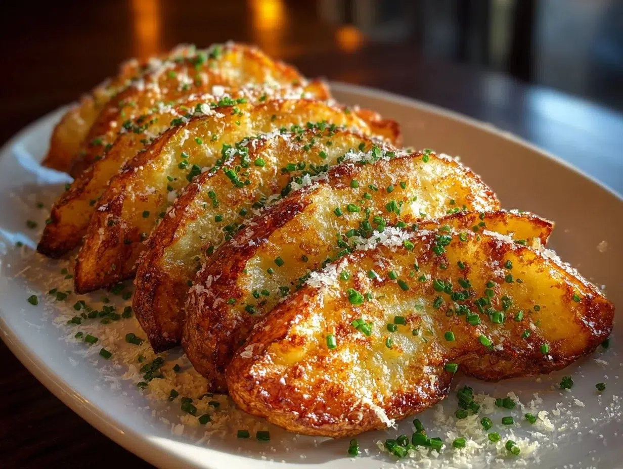 Crispy Garlic Parmesan Potato Wedges topped with herbs and cheese