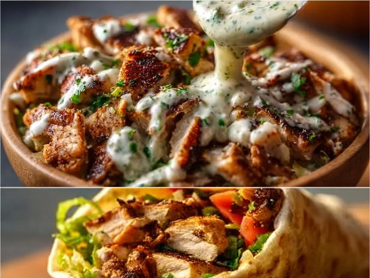 Delicious Garlic Sauce Chicken Shawarma served with fresh vegetables and pita bread.