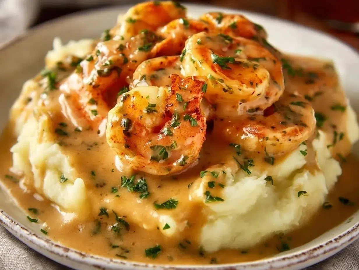 Delicious Garlic Shrimp served with creamy mashed potatoes on a stylish plate.