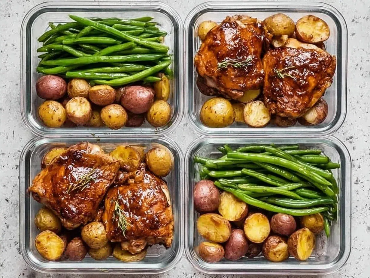 Delicious glazed chicken meal prep with colorful vegetables and grains
