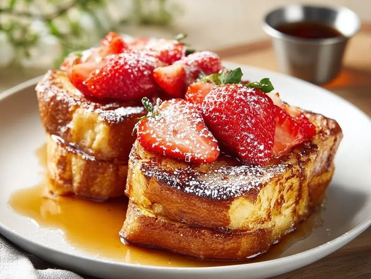 Delicious Hawaiian Roll French Toast served with syrup and fresh fruit