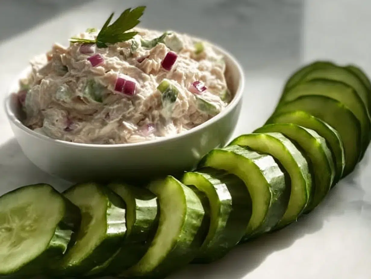 Cucumber slices topped with tuna salad, a healthy snack option.