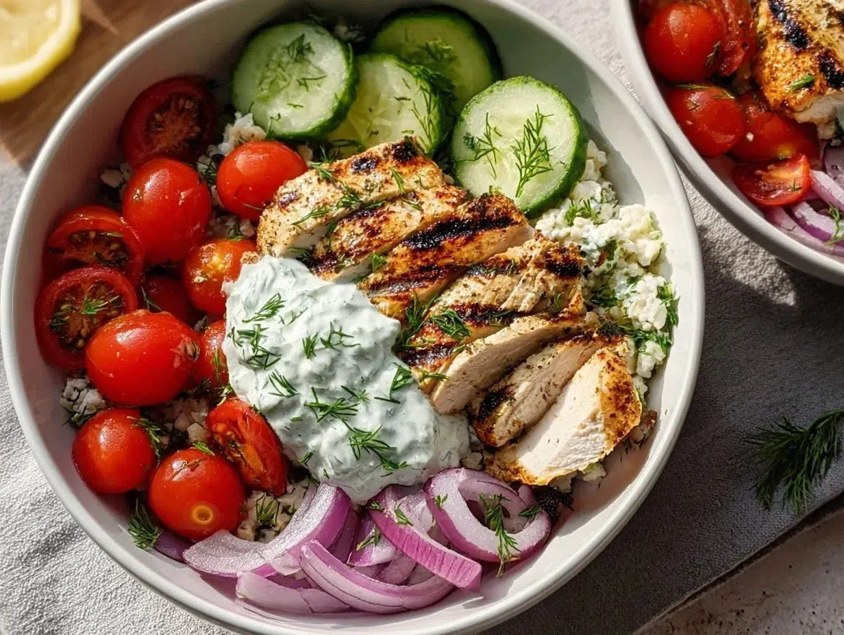 Healthy Tzatziki Chicken Bowl topped with fresh vegetables and tzatziki sauce