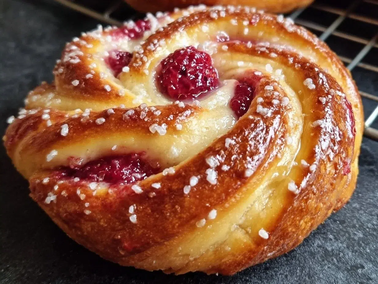 Freshly baked homemade sugar raspberry Danish with fruity filling and flaky crust.