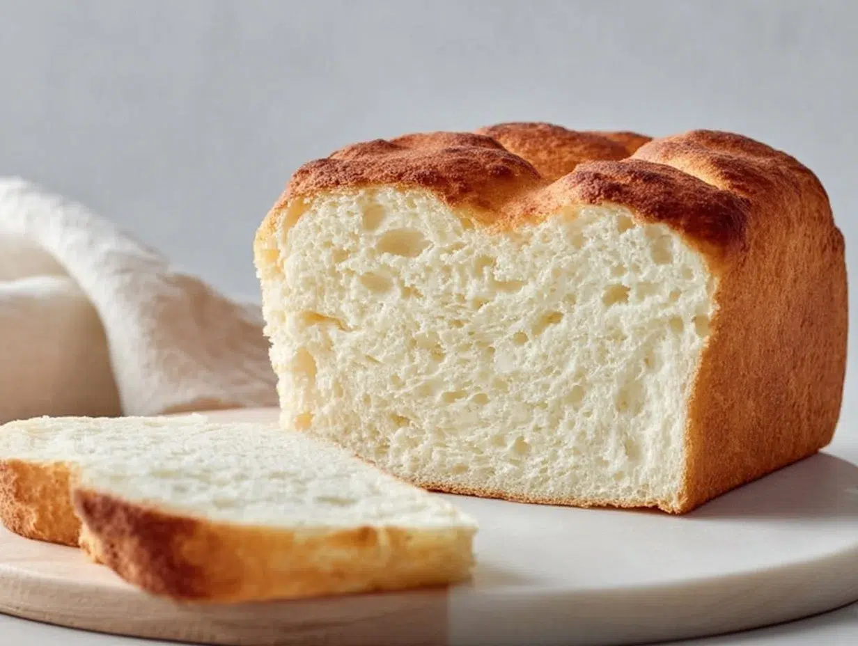 Slice of homemade zero carb bread on a wooden cutting board