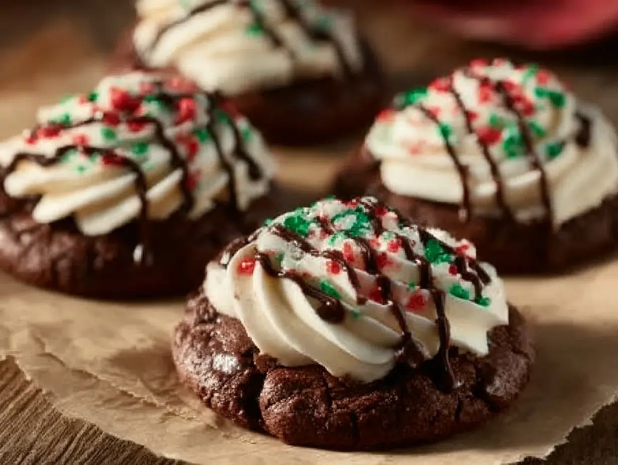 Delicious hot cocoa cookies topped with marshmallow frosting on a plate.