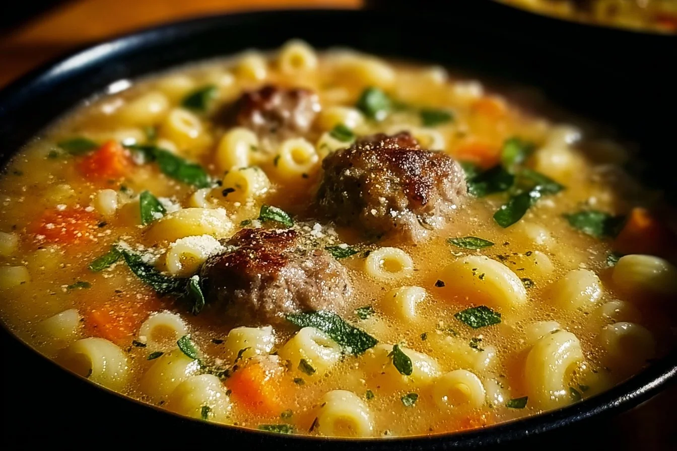 Bowl of Italian Sausage Soup with ditalini pasta and fresh herbs