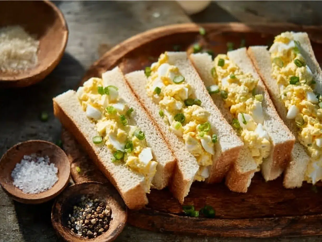 Japanese egg sandwich featuring creamy egg filling in soft bread