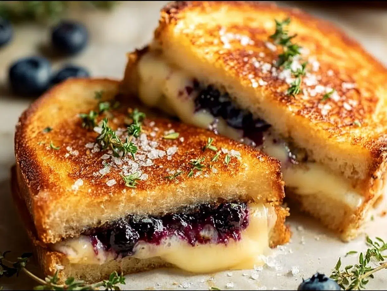 Juicy blueberry grilled cheese sandwich with melted cheese and fresh blueberries