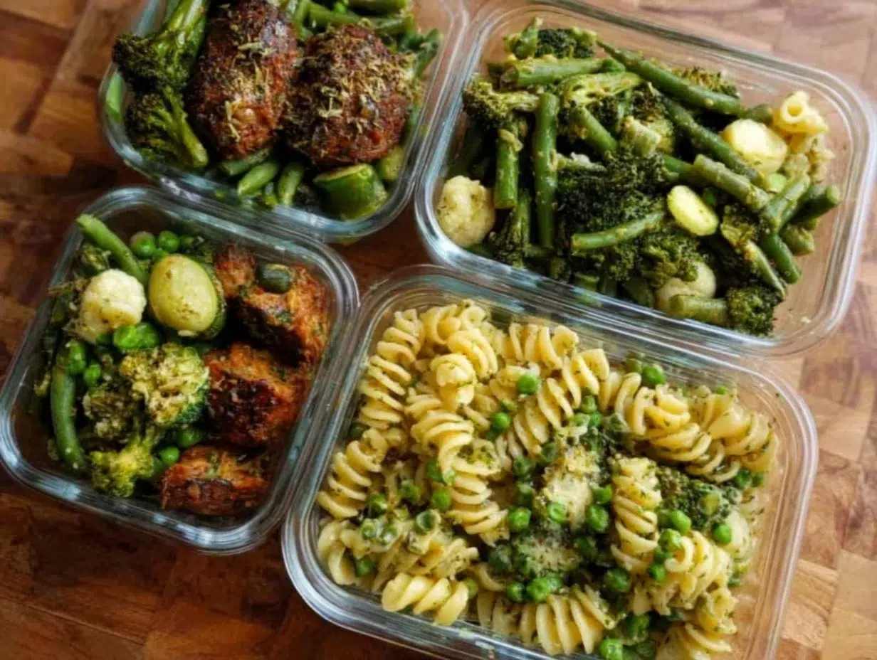 No-reheat meal prep containers filled with healthy food options.