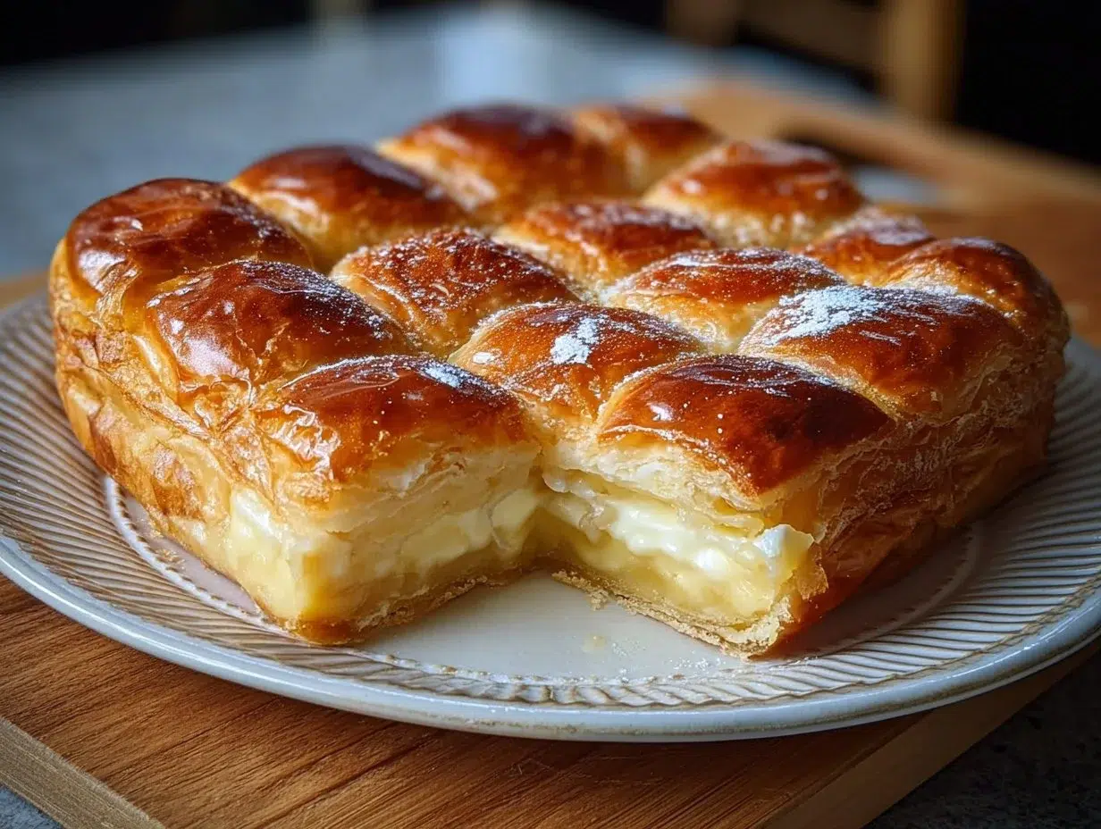 Rustic yeast-risen sweet on a wooden table, showcasing its golden-brown crust.