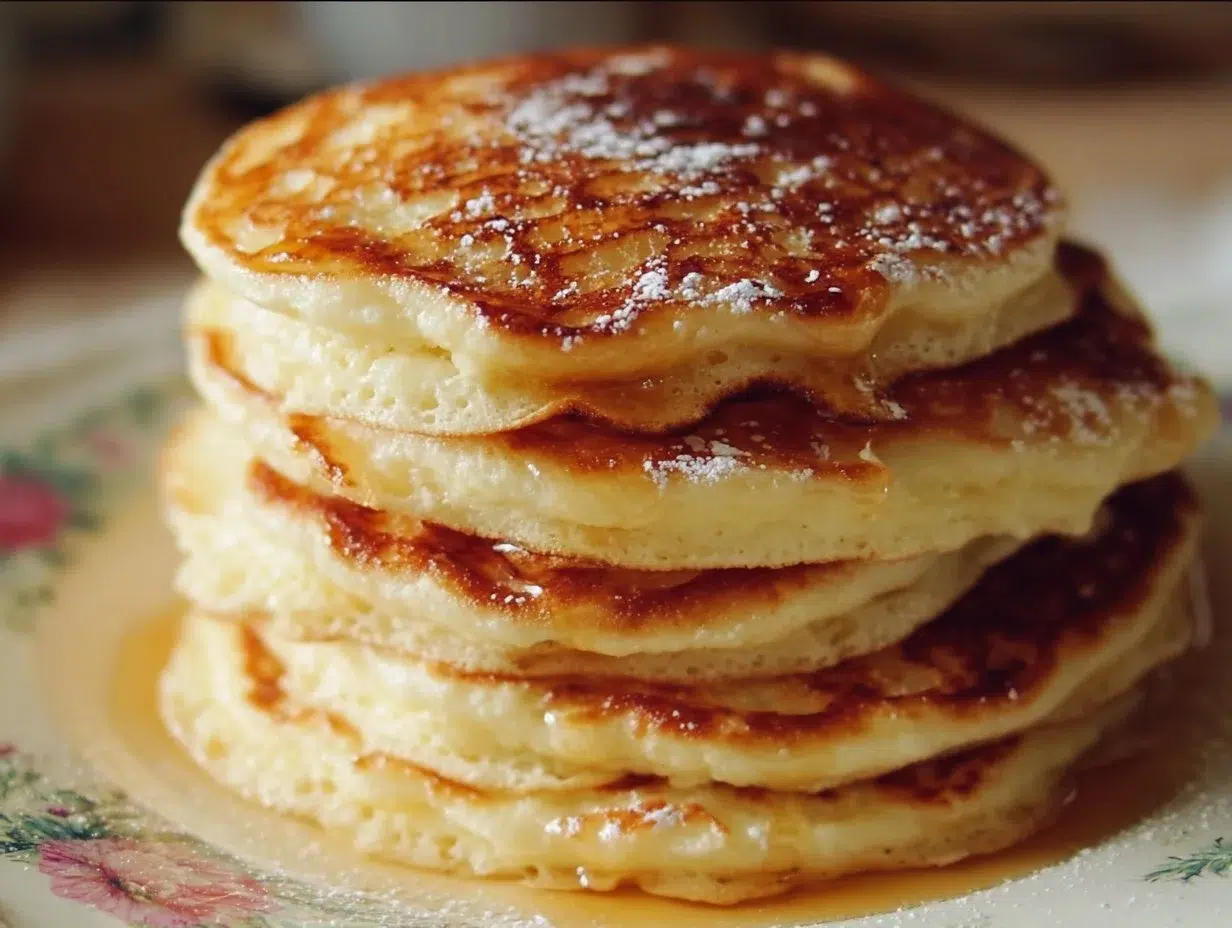 Old-fashioned pancakes stacked with syrup drizzled on top
