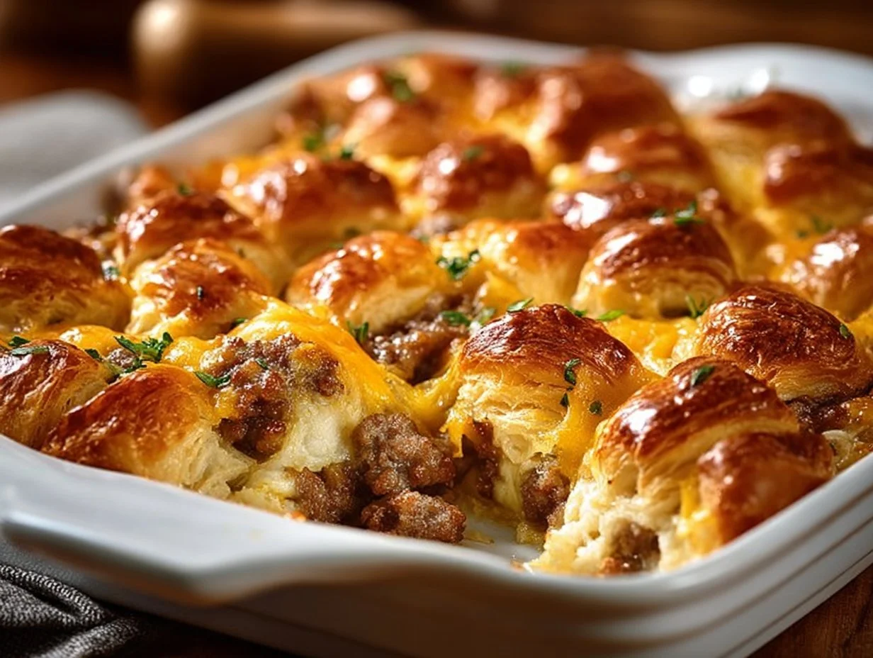 Overnight croissant breakfast casserole with eggs and cheese