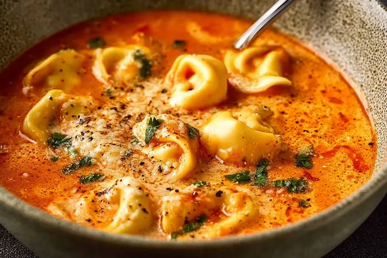 Bowl of Parmesan Tomato Tortellini Soup garnished with herbs and cheese