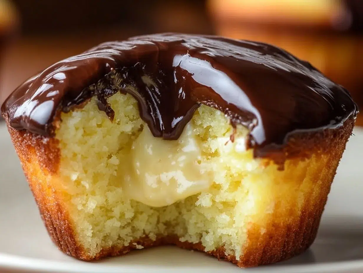 Delicious Boston Cream Pie Cupcakes topped with chocolate ganache