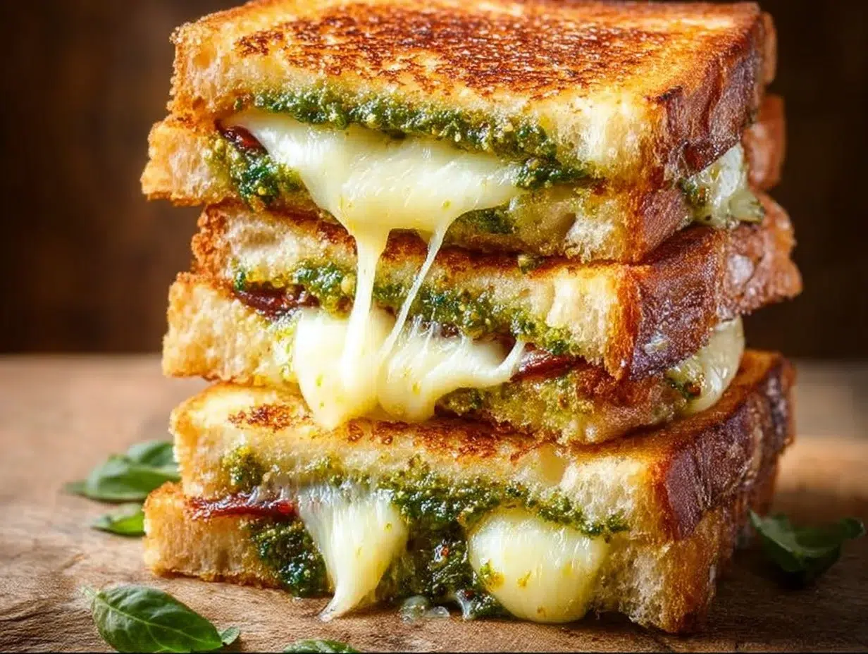 Melted Pesto Grilled Cheese sandwich with fresh basil and cheese