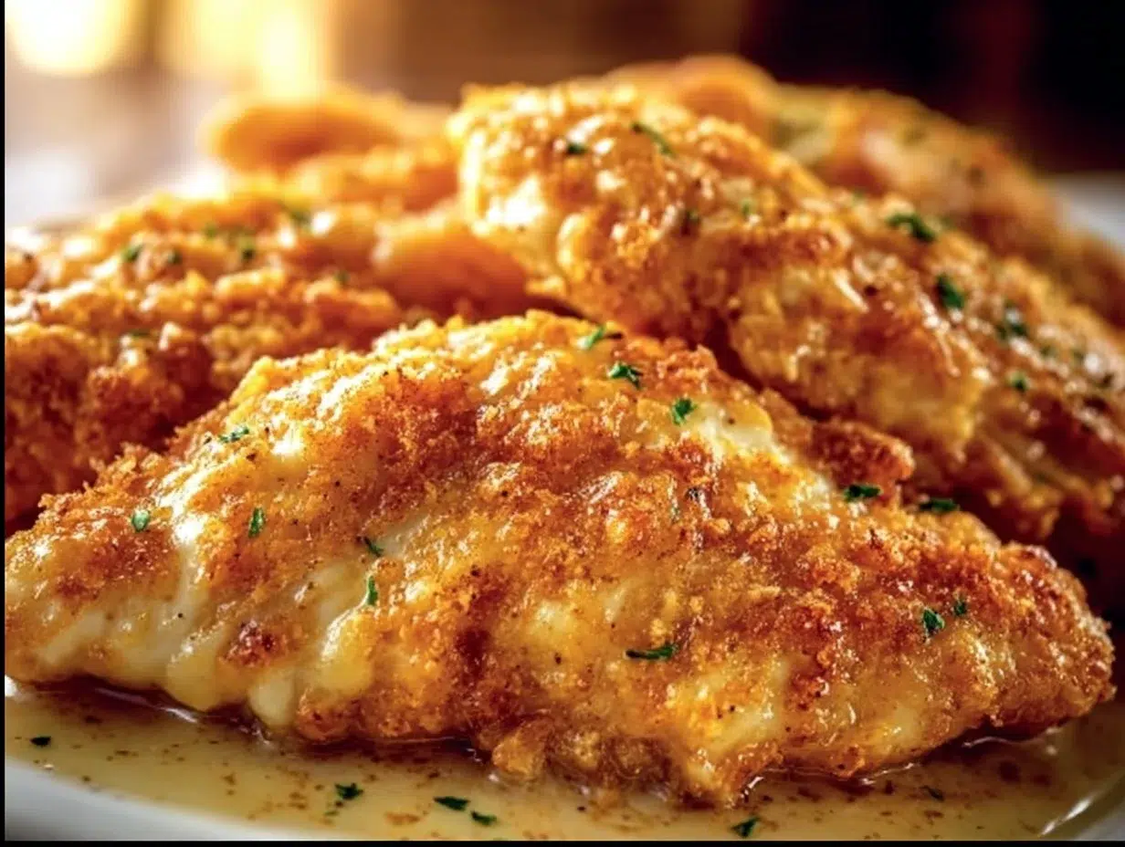 Baked chicken breast and chicken parmesan recipes displayed on a rustic kitchen table.