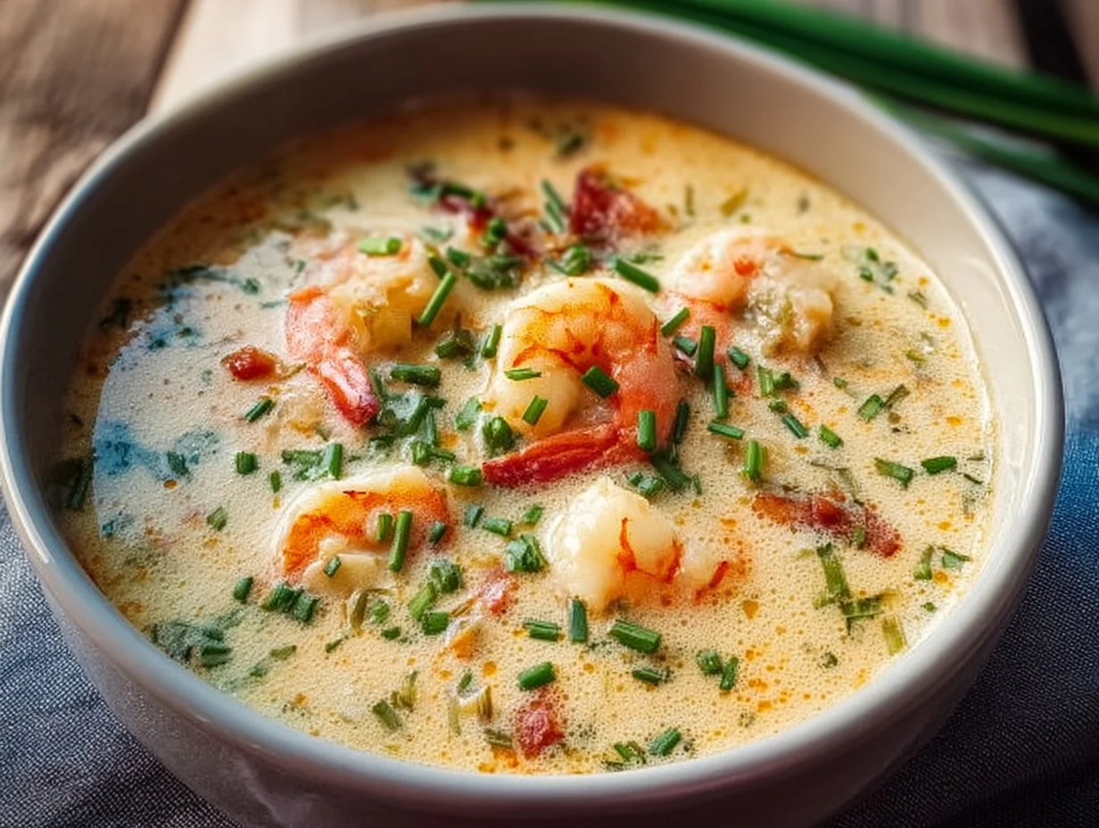 Rich and creamy seafood bisque garnished with fresh herbs and seafood pieces
