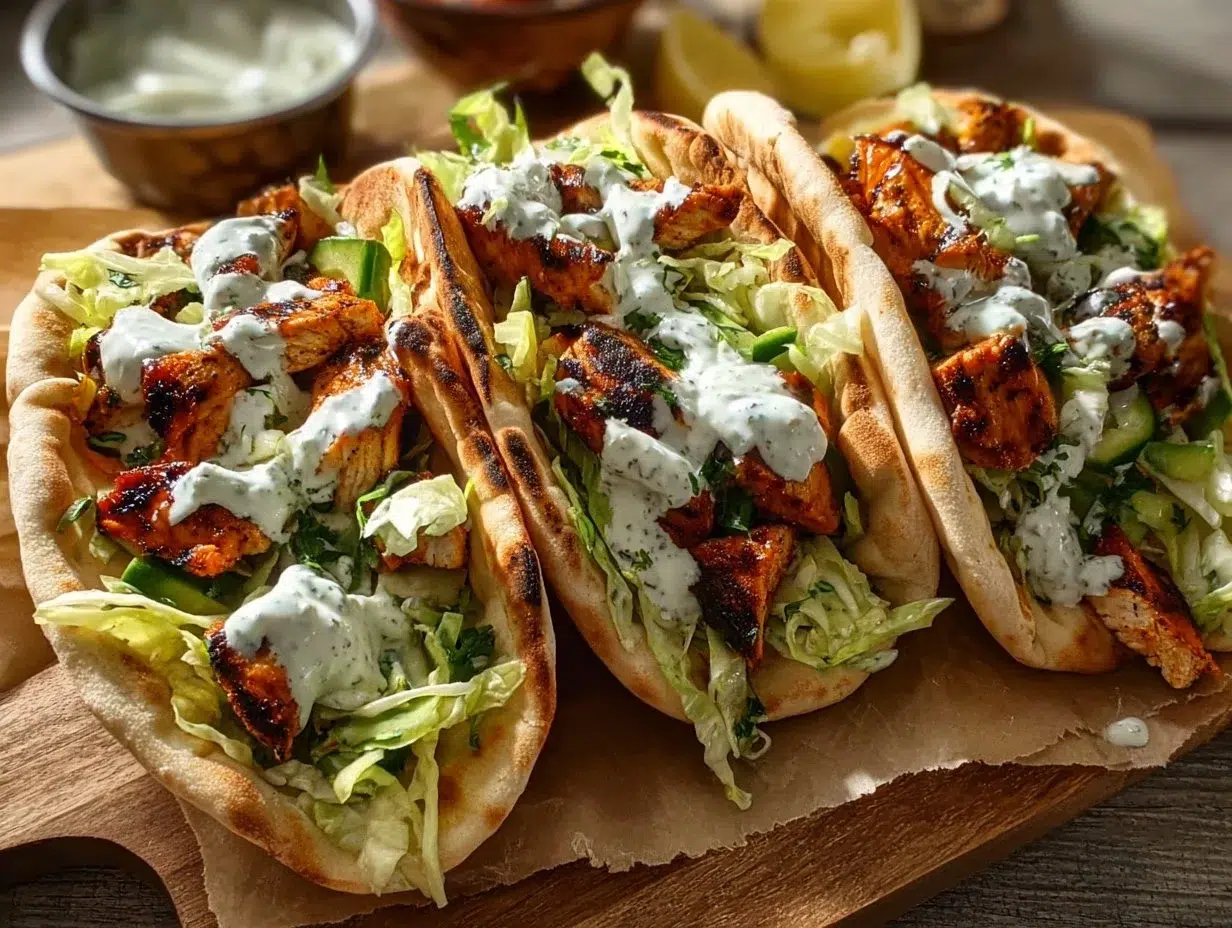 Sheet pan chicken pitas served with herby ranch dressing.