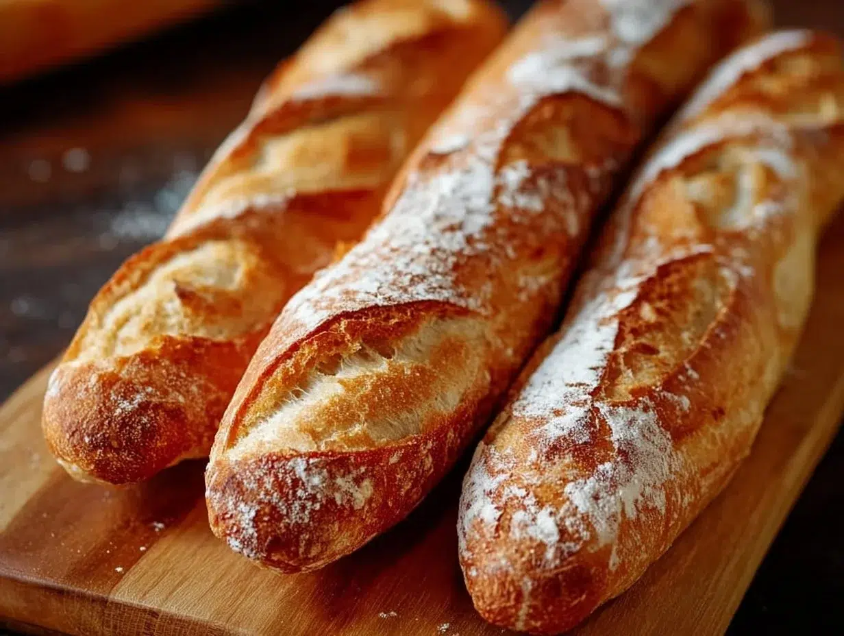 Freshly baked simple French baguettes on a wooden board