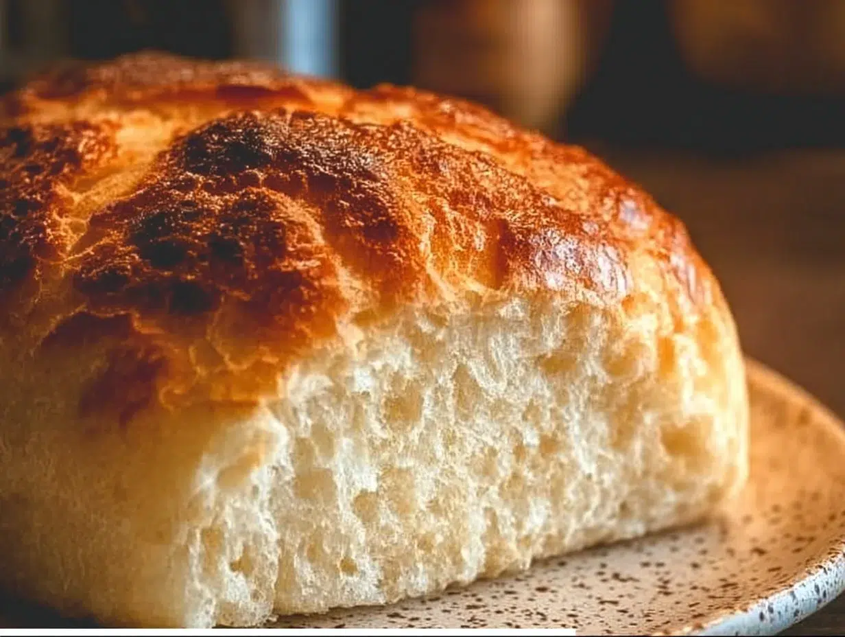 A slice of low-carb yogurt bread on a wooden cutting board.