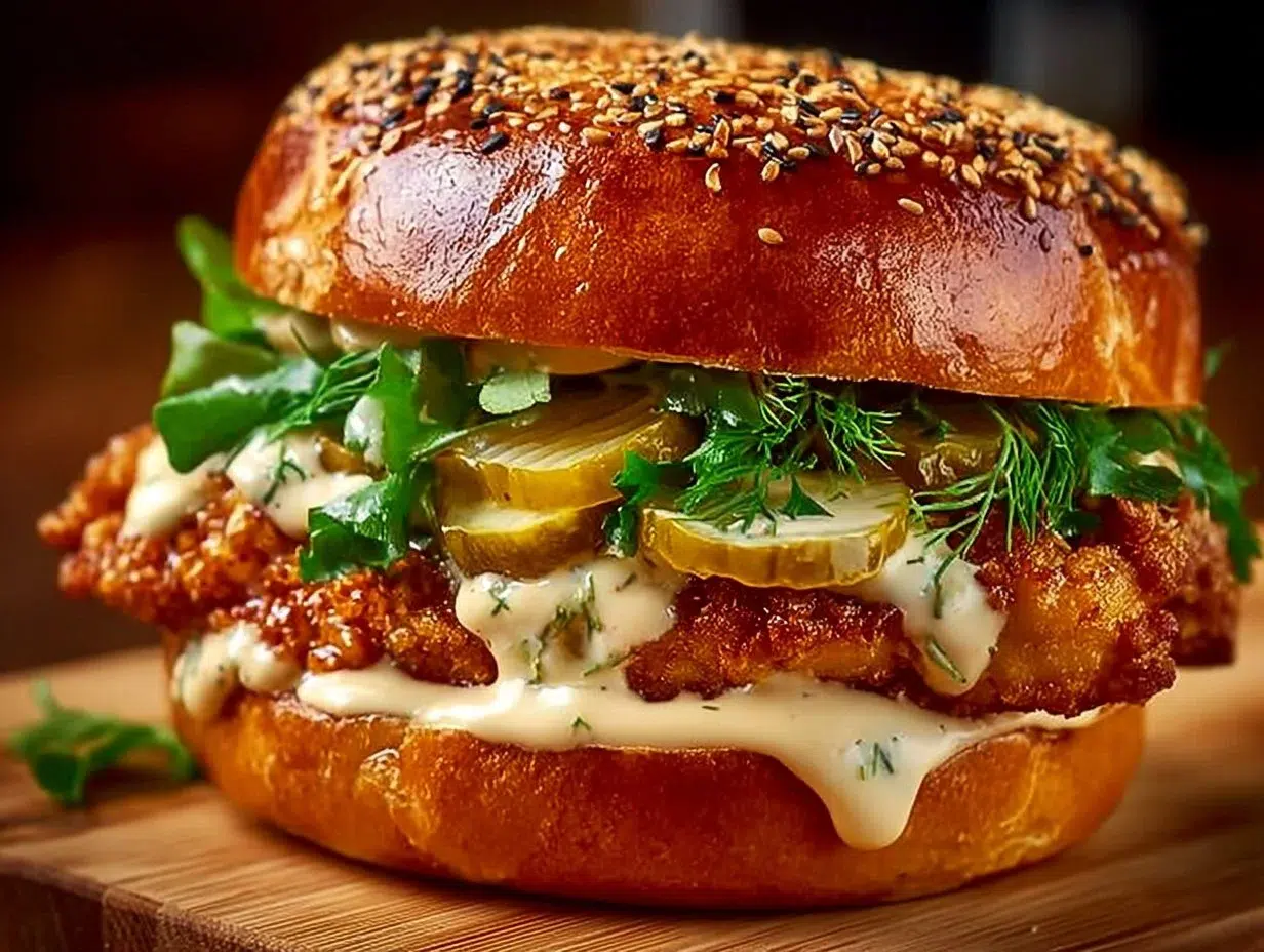 Spicy chicken sandwich with creamy homemade sauce on a plate