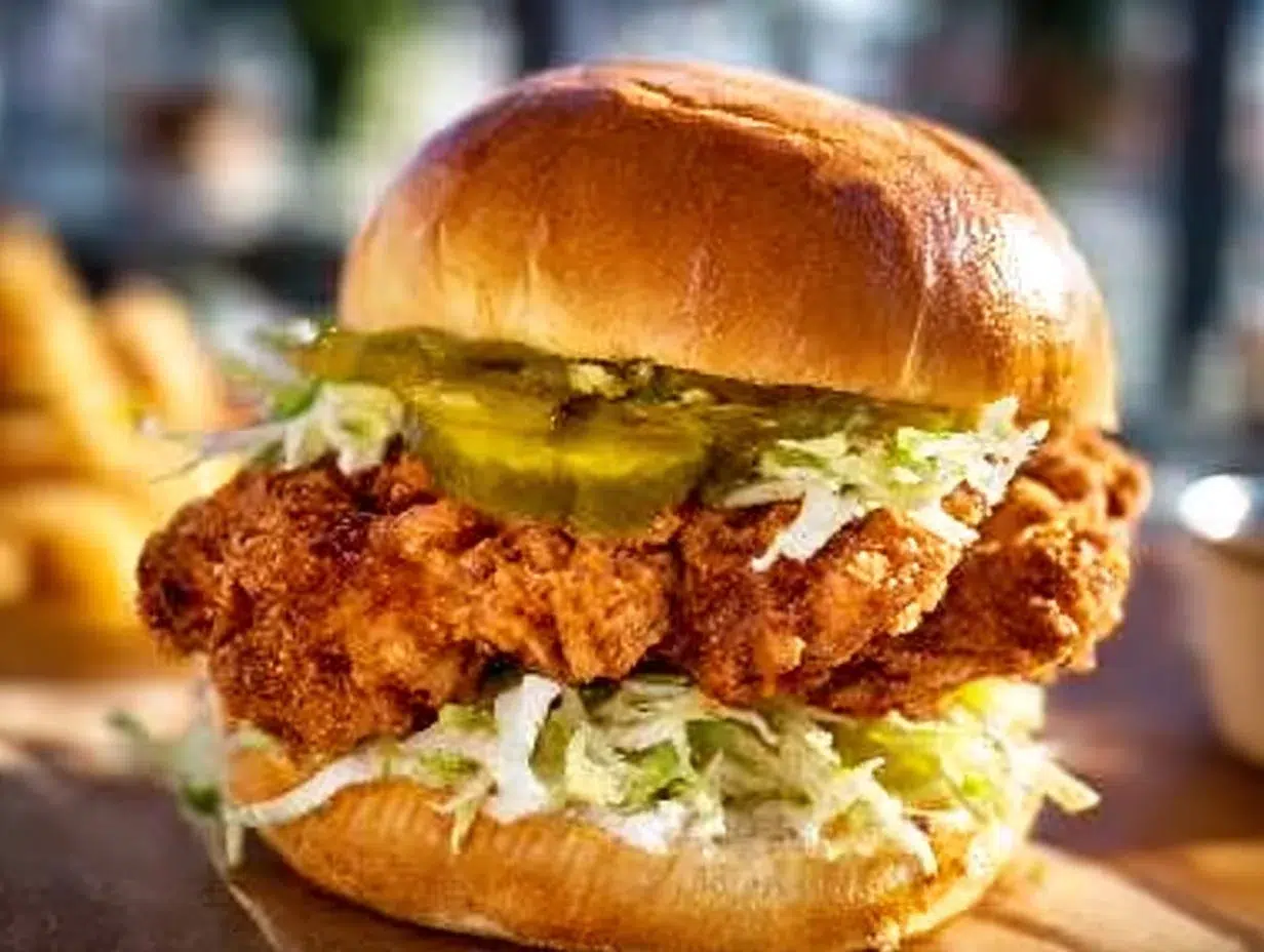 Spicy Nashville Hot Chicken sandwich with pickles on a toasted bun