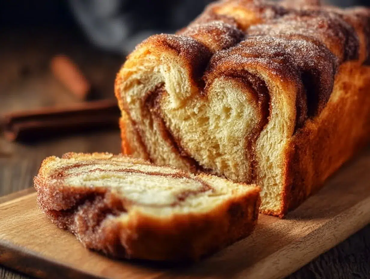 Loaf of homemade cinnamon sugar bread fresh out of the oven.