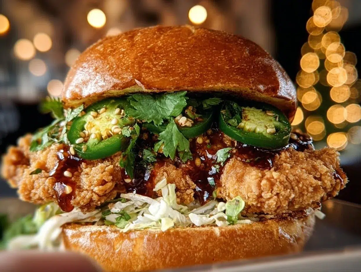Thai Fried Chicken Sandwich with crispy chicken and vibrant toppings